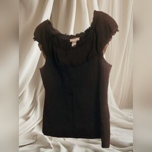 Adorable black top with sheer ruffle along Neckline sz XL